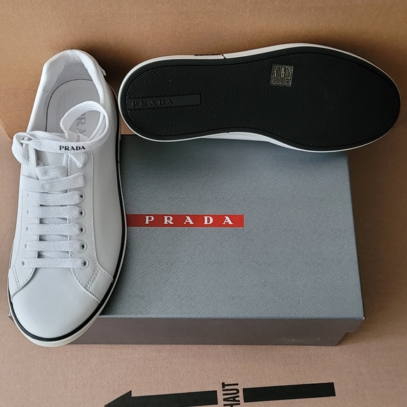 Brand new men PRADA white sneakers in genuine lather with black trim and logo - Picture 10 of 11